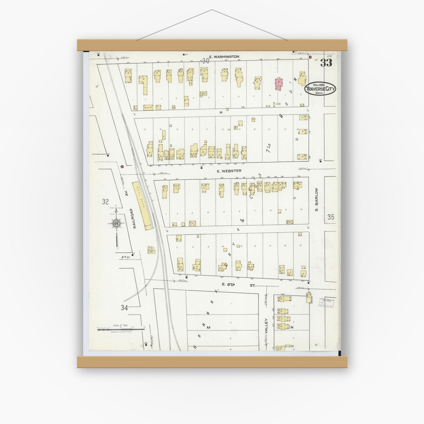 Old map wall art mockup — magnetic wood frame on white wall — Sanborn Fire Insurance Map from Traverse City, Grand Traverse County, Michigan (1920), Sheet #0033