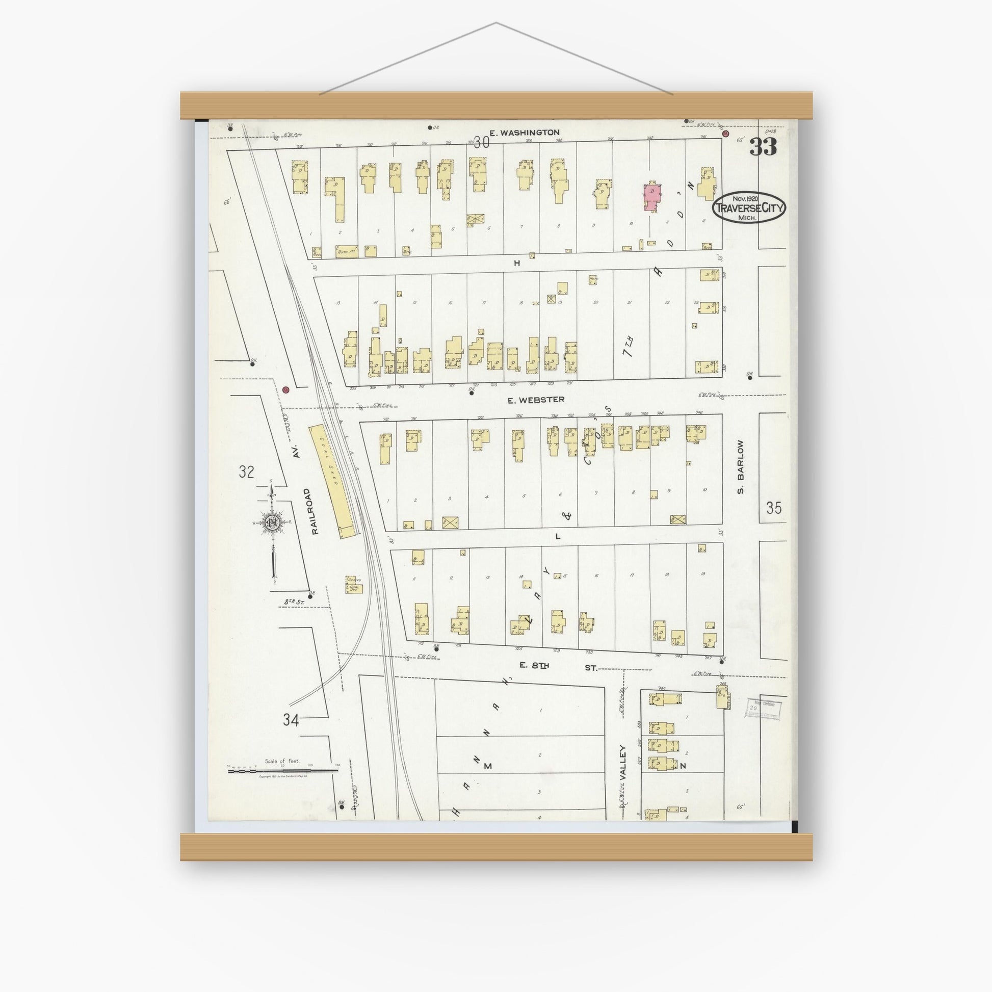 Old map wall art mockup — magnetic wood frame on white wall — Sanborn Fire Insurance Map from Traverse City, Grand Traverse County, Michigan (1920), Sheet #0033