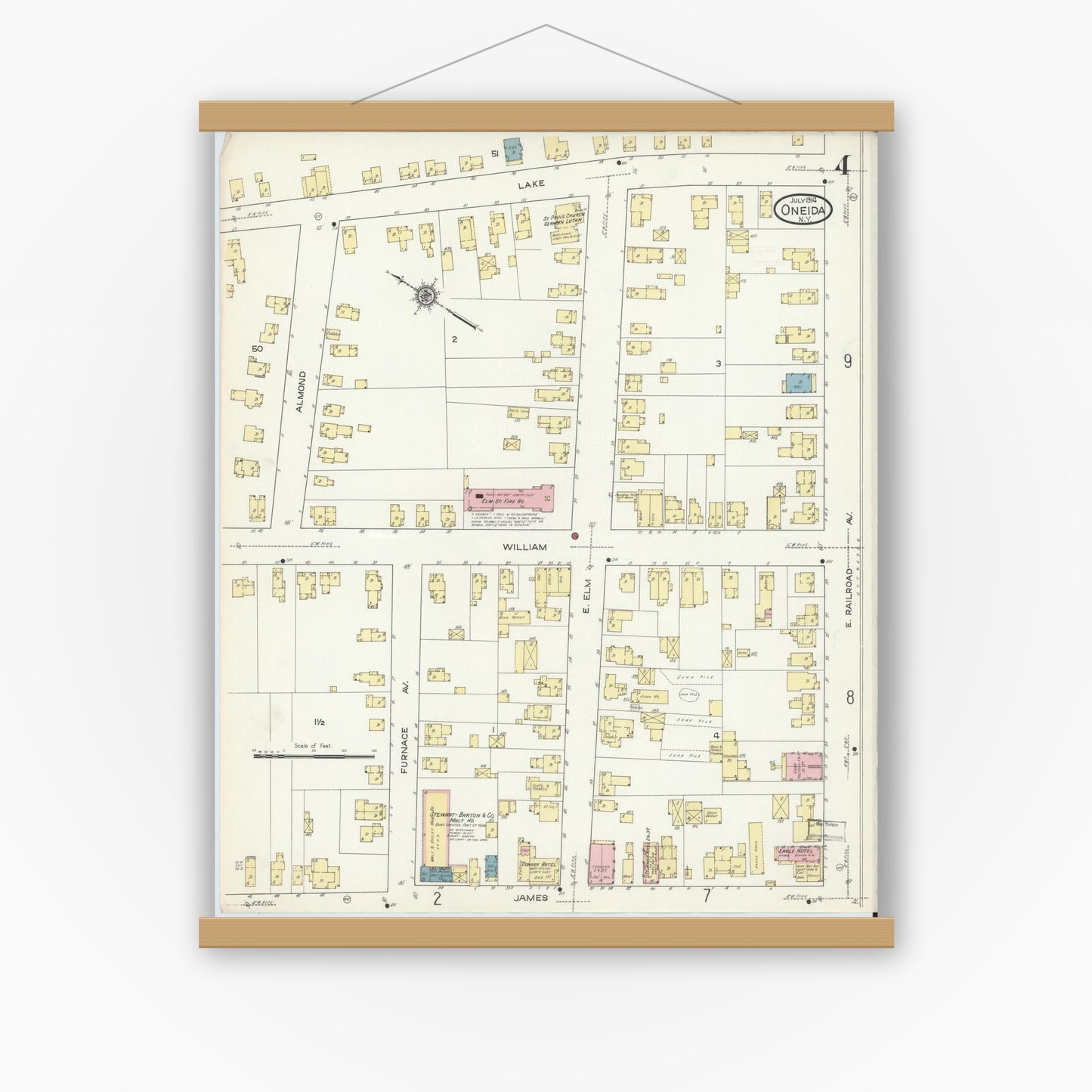 Old map wall art mockup — magnetic wood frame on white wall — Sanborn Fire Insurance Map from Oneida, Madison County, New York (1914), Sheet #0004