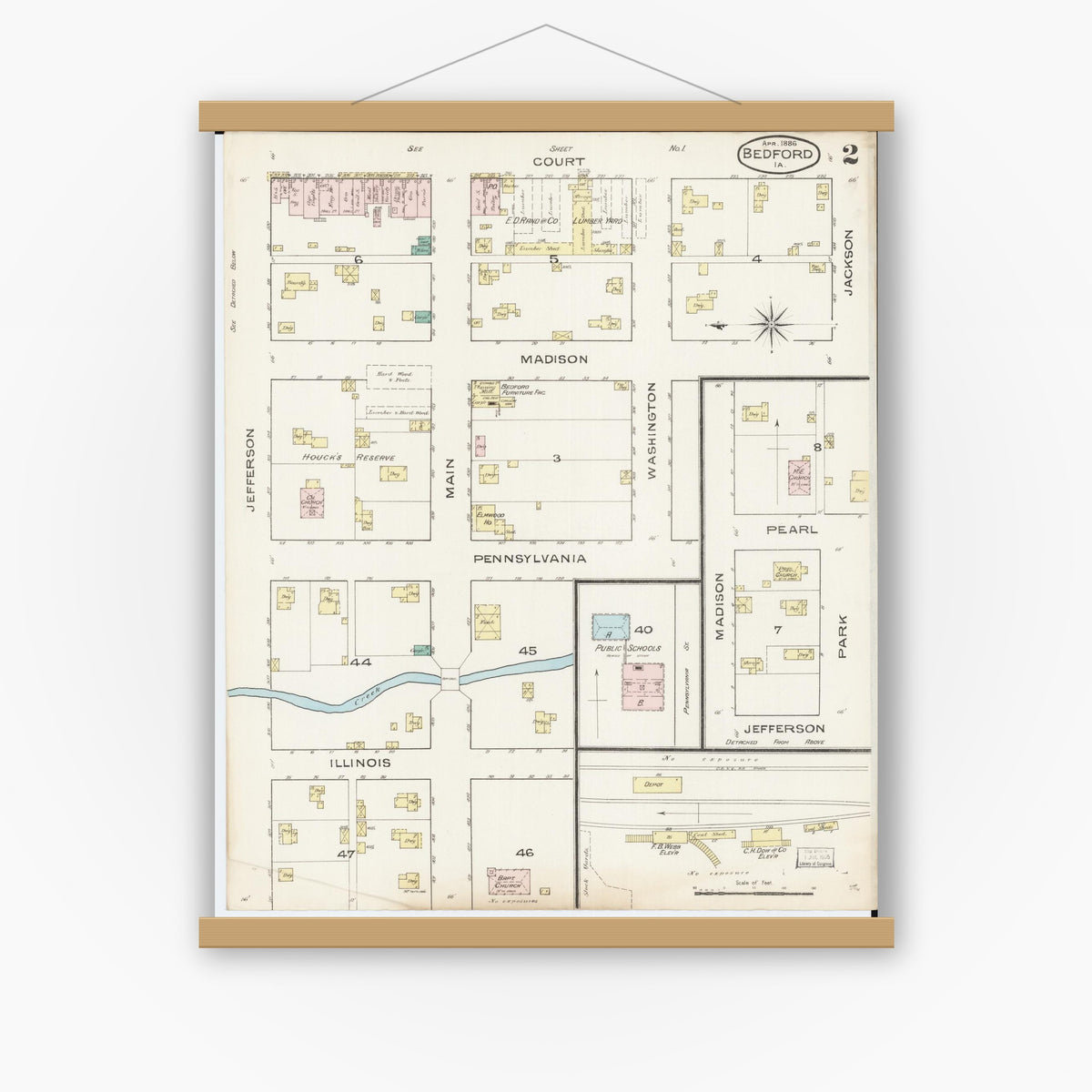Old map wall art mockup — magnetic wood frame on white wall — Sanborn Fire Insurance Map from Bedford, Taylor County, Iowa (1886), Sheet #0002