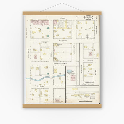 Old map wall art mockup — magnetic wood frame on white wall — Sanborn Fire Insurance Map from Bedford, Taylor County, Iowa (1886), Sheet #0002