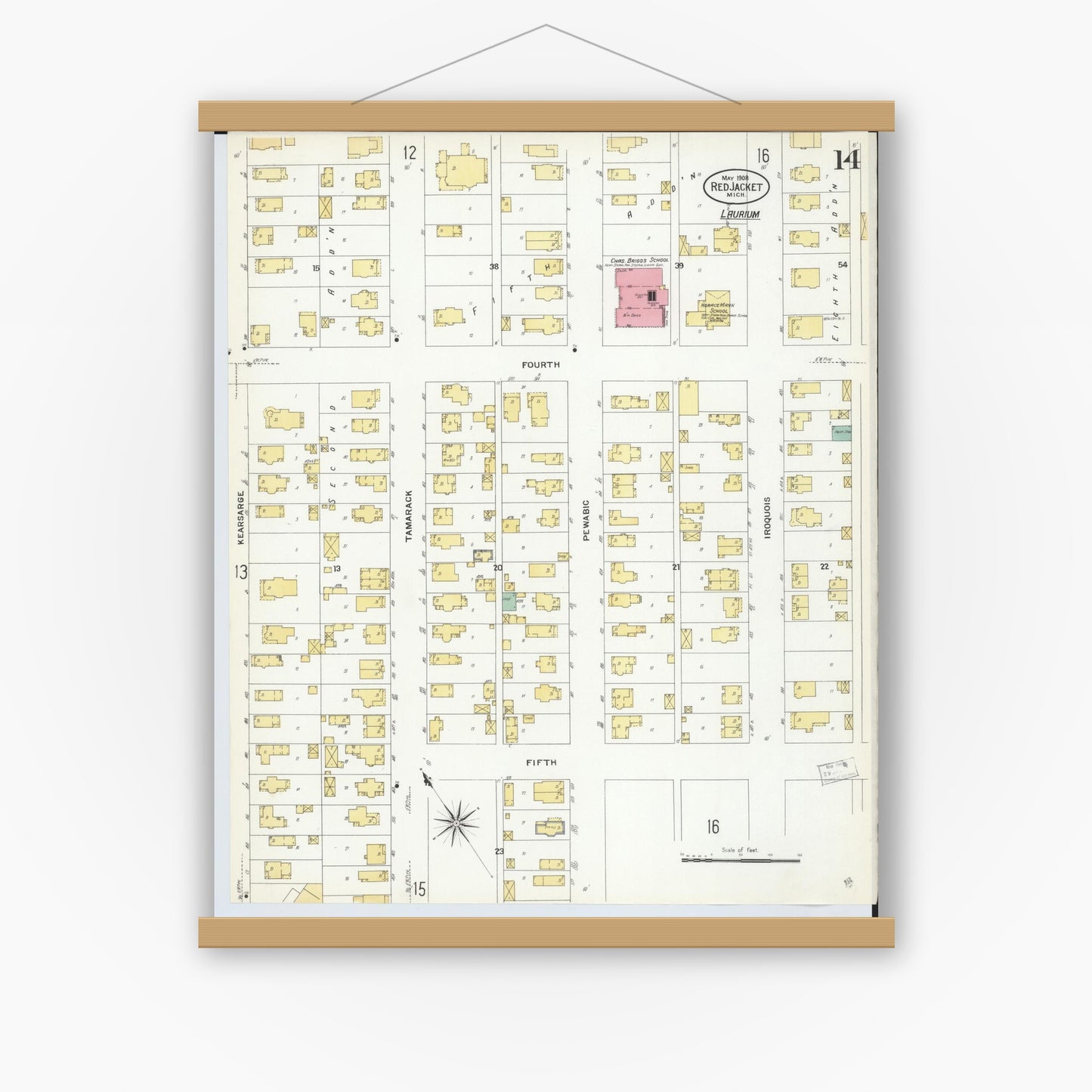 Old map wall art mockup — magnetic wood frame on white wall — Sanborn Fire Insurance Map from Red Jacket, Houghton County, Michigan (1908), Sheet #0014