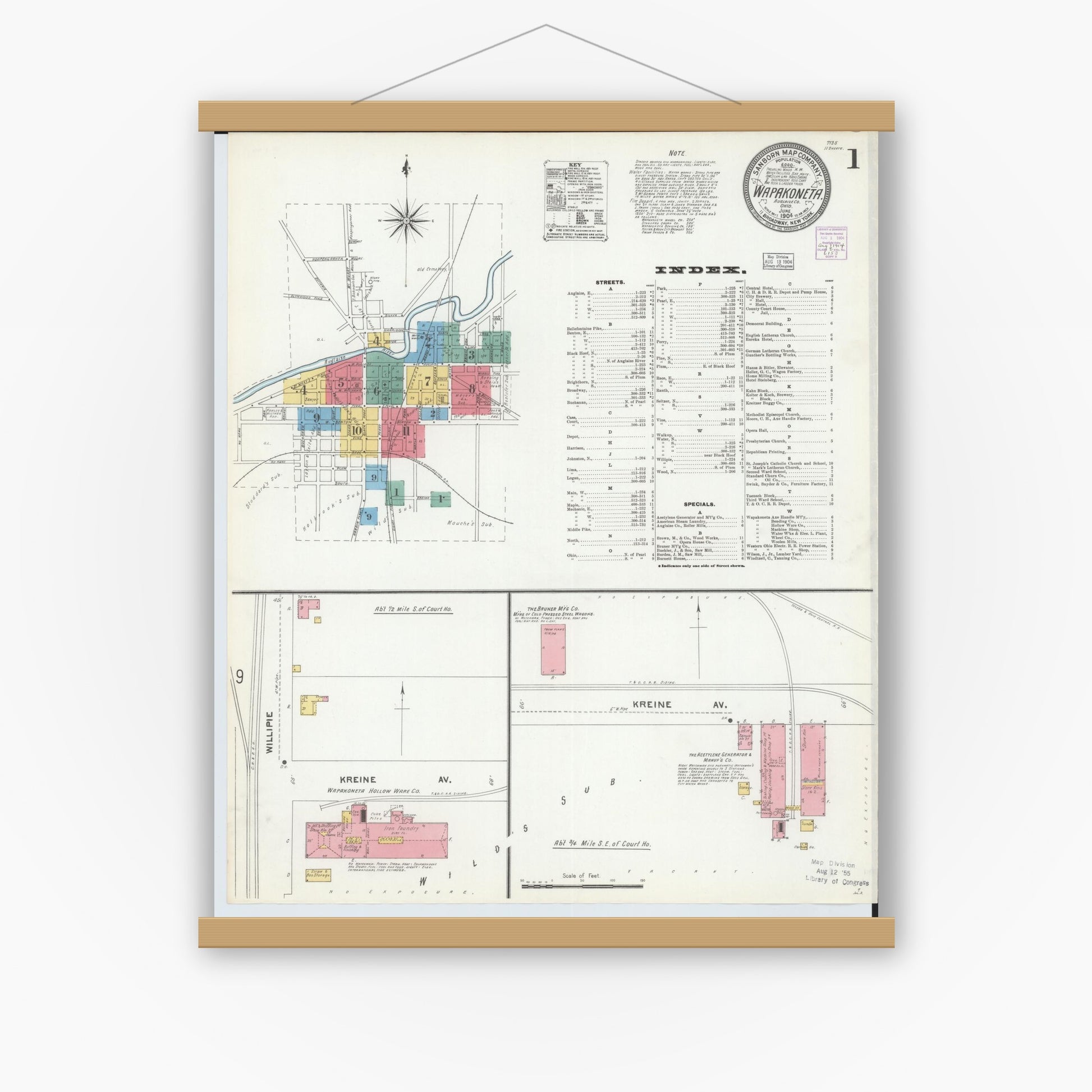 Old map wall art mockup — magnetic wood frame on white wall — Sanborn Fire Insurance Map from Wapakoneta, Auglaize County, Ohio (1904) - Complete Map Set