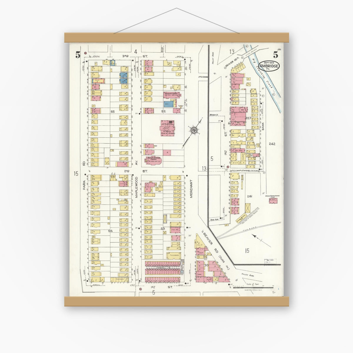 Old map wall art mockup — magnetic wood frame on white wall — Sanborn Fire Insurance Map from Ambridge, Beaver County, Pennsylvania (1923), Sheet #0005