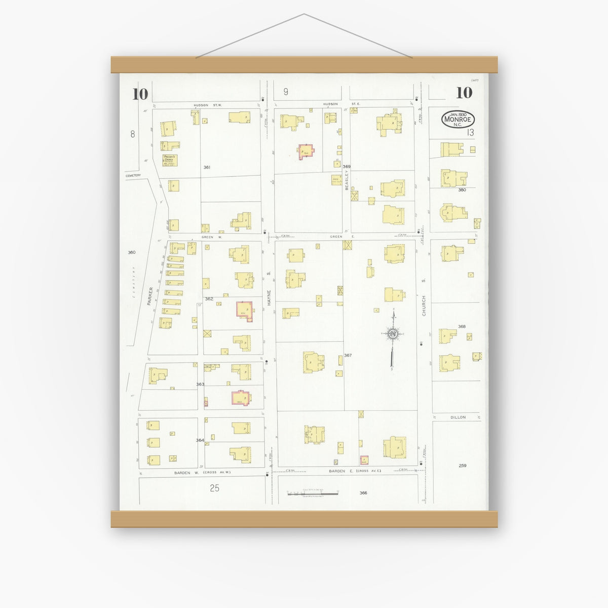 Old map wall art mockup — magnetic wood frame on white wall — Sanborn Fire Insurance Map from Monroe, Union County, North Carolina (1930), Sheet #0010