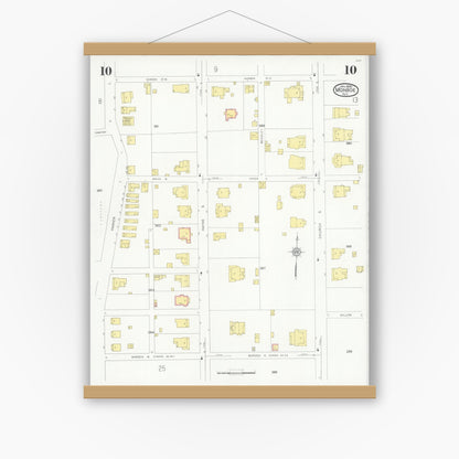 Old map wall art mockup — magnetic wood frame on white wall — Sanborn Fire Insurance Map from Monroe, Union County, North Carolina (1930), Sheet #0010