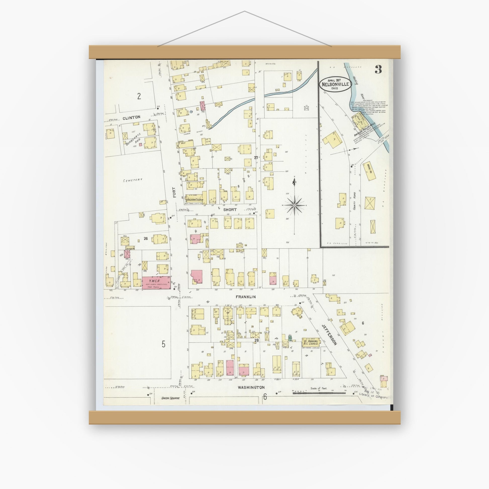 Old map wall art mockup — magnetic wood frame on white wall — Sanborn Fire Insurance Map from Nelsonville, Athens County, Ohio (1907), Sheet #0003