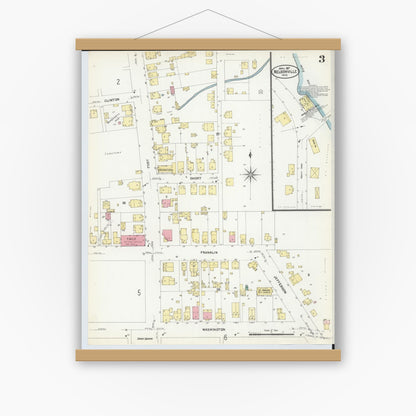 Old map wall art mockup — magnetic wood frame on white wall — Sanborn Fire Insurance Map from Nelsonville, Athens County, Ohio (1907), Sheet #0003