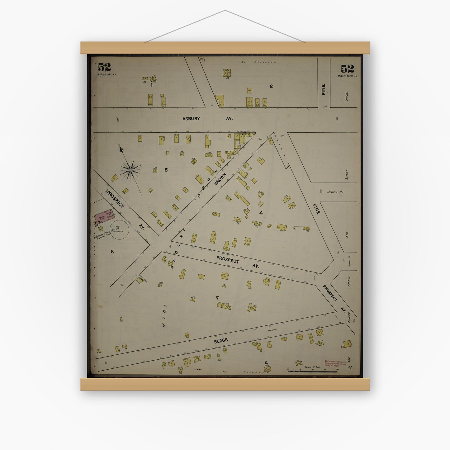 Old map wall art mockup — magnetic wood frame on white wall — Sanborn Fire Insurance Map from New Jersey Coast, New Jersey Coast, New Jersey (1890), Sheet #0052