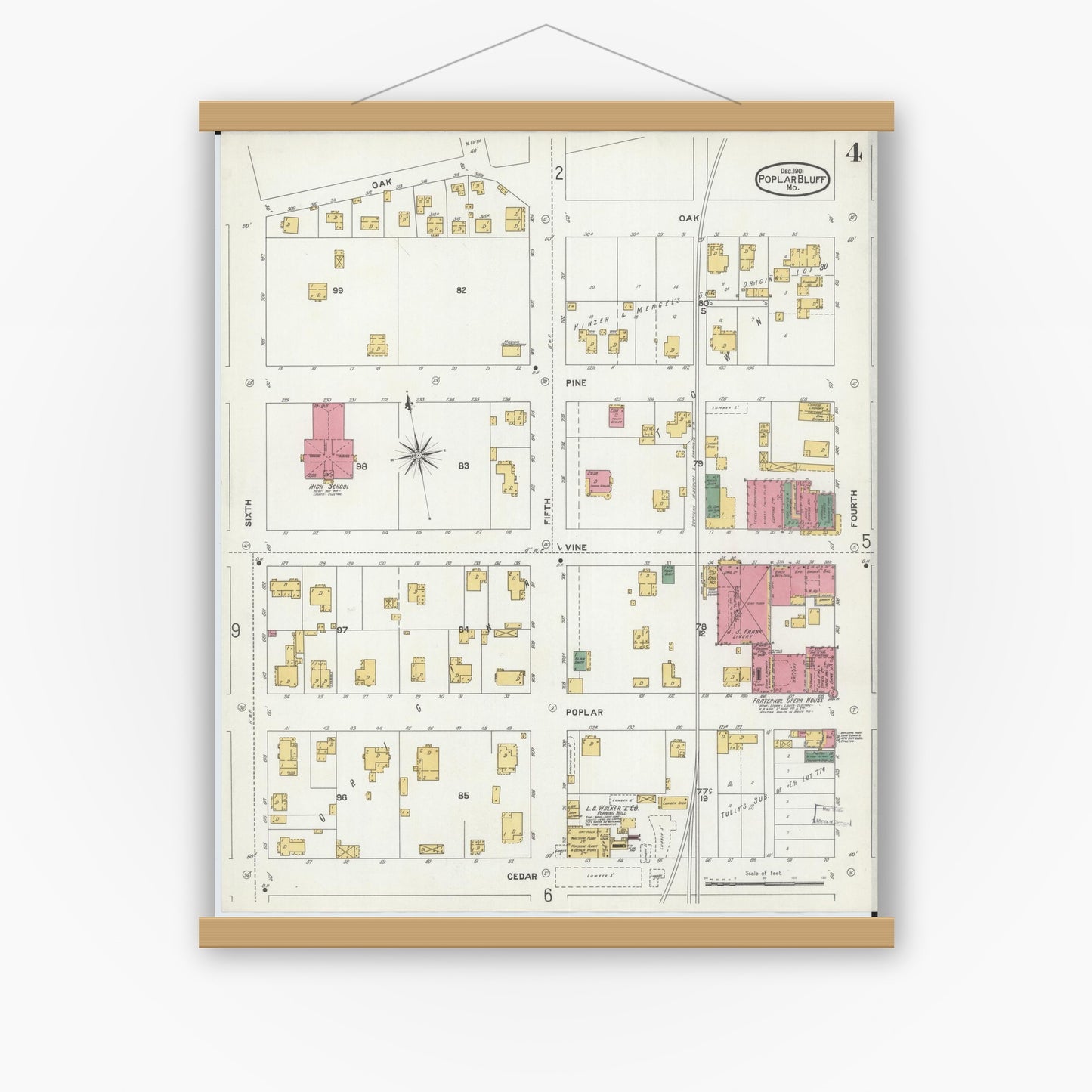 Old map wall art mockup — magnetic wood frame on white wall — Sanborn Fire Insurance Map from Poplar Bluff, Butler County, Missouri (1901), Sheet #0004