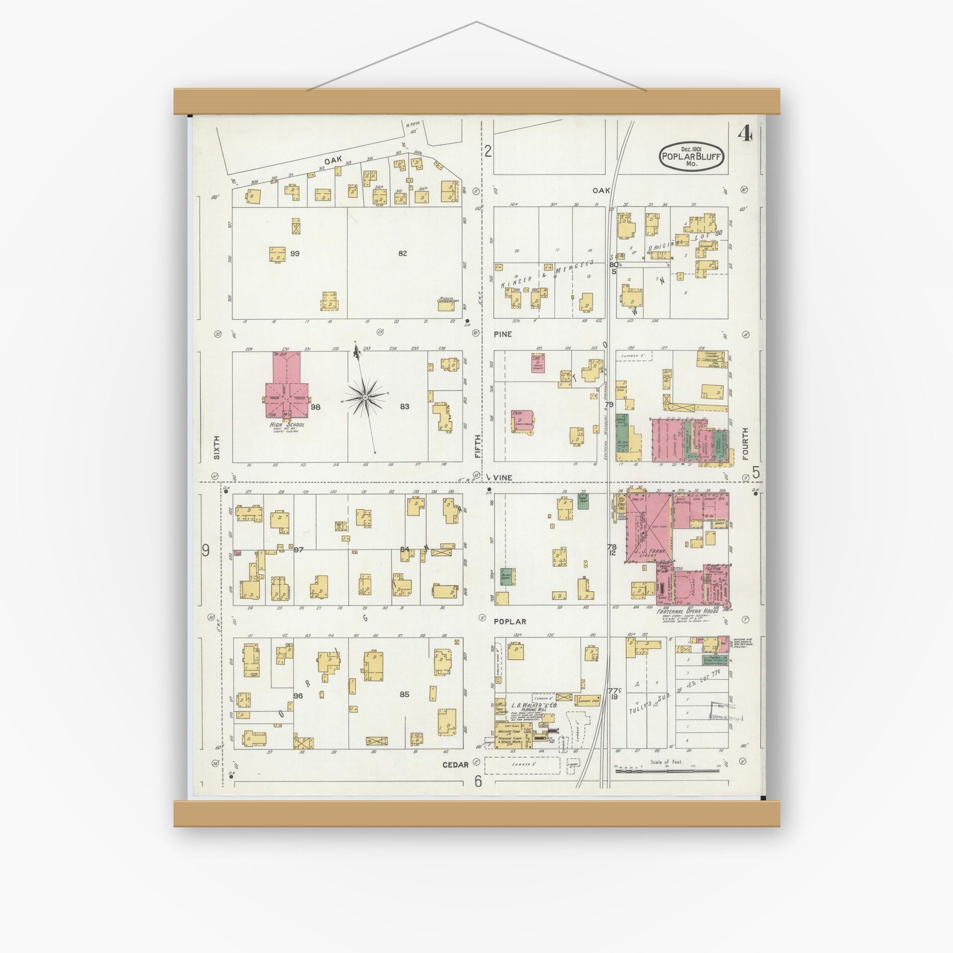 Old map wall art mockup — magnetic wood frame on white wall — Sanborn Fire Insurance Map from Poplar Bluff, Butler County, Missouri (1901), Sheet #0004