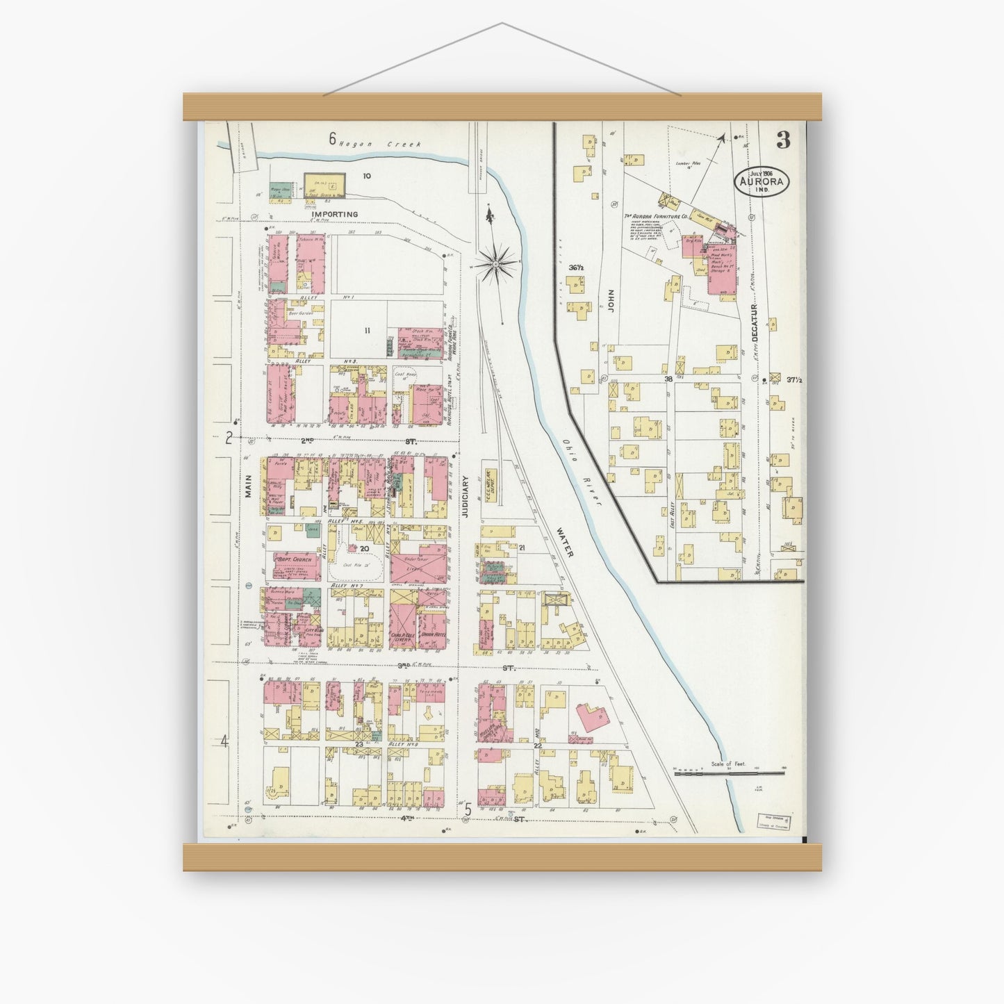 Old map wall art mockup — magnetic wood frame on white wall — Sanborn Fire Insurance Map from Aurora, Dearborn County, Indiana (1906), Sheet #0003