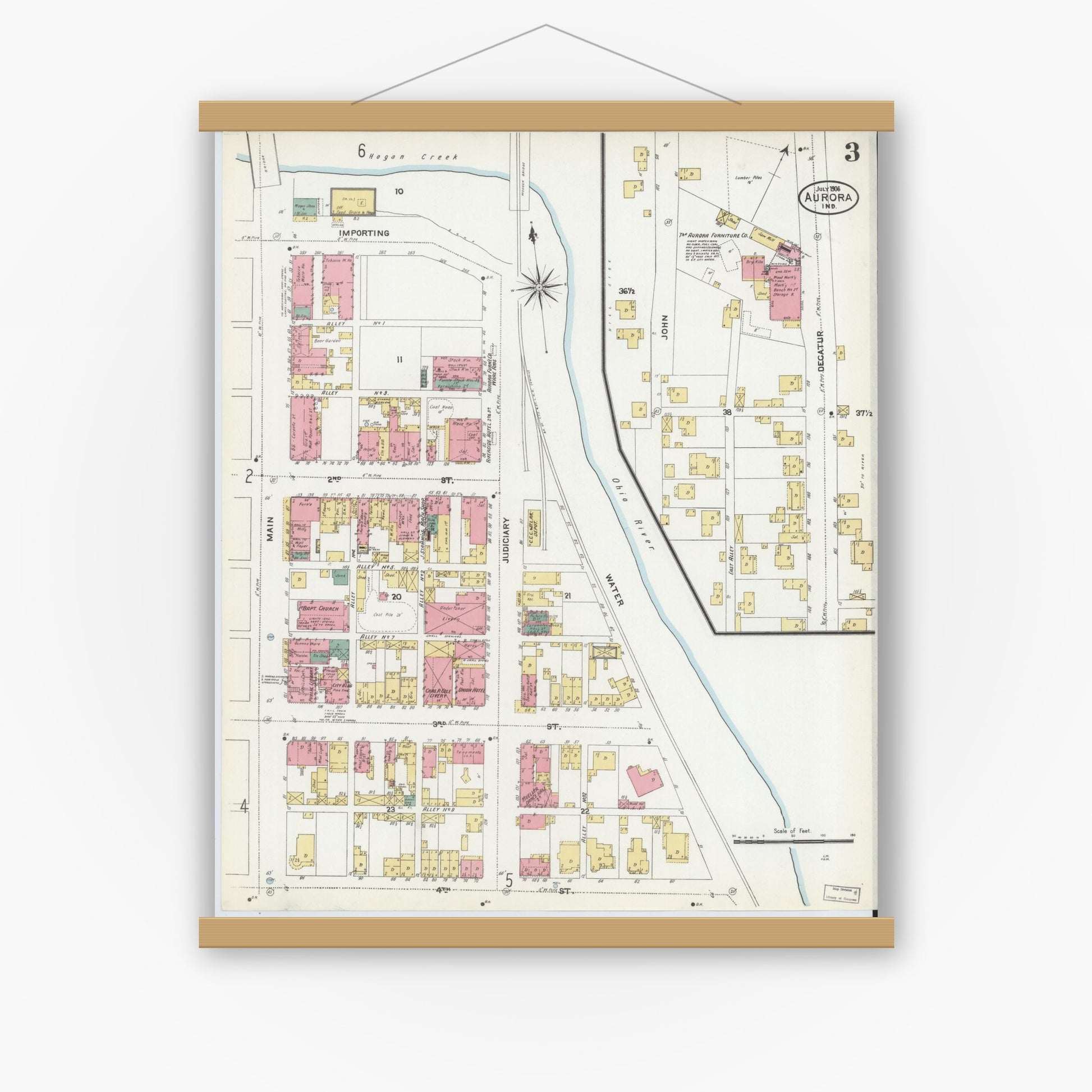 Old map wall art mockup — magnetic wood frame on white wall — Sanborn Fire Insurance Map from Aurora, Dearborn County, Indiana (1906), Sheet #0003