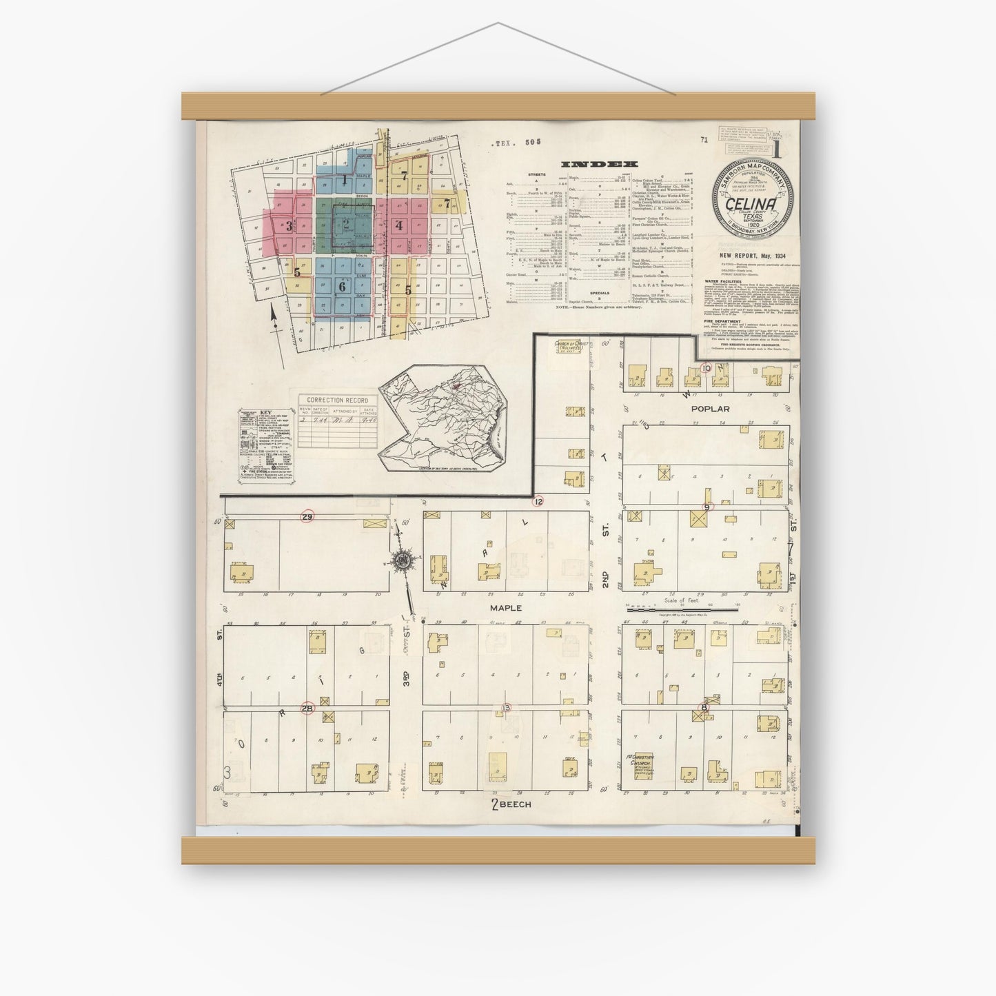 Old map wall art mockup — magnetic wood frame on white wall — Sanborn Fire Insurance Map from Celina, Collin County, Texas (1944), Sheet #0001