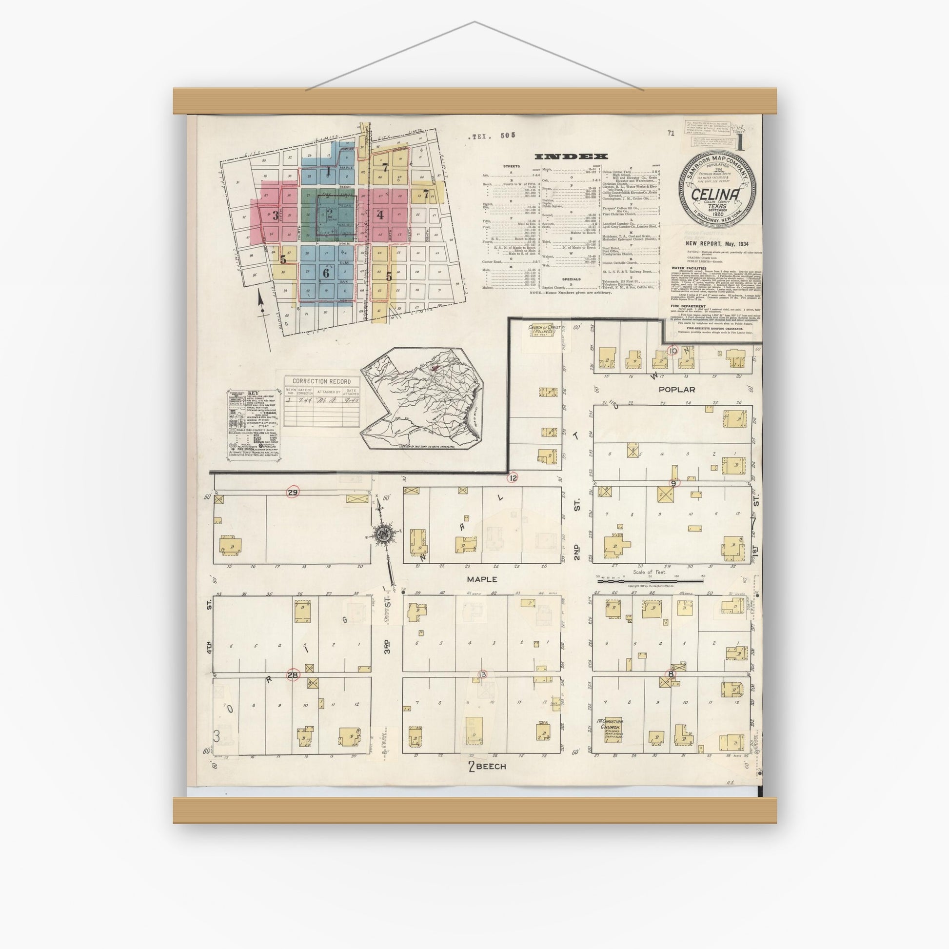 Old map wall art mockup — magnetic wood frame on white wall — Sanborn Fire Insurance Map from Celina, Collin County, Texas (1944), Sheet #0001