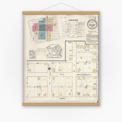 Old map wall art mockup — magnetic wood frame on white wall — Sanborn Fire Insurance Map from Celina, Collin County, Texas (1944), Sheet #0001