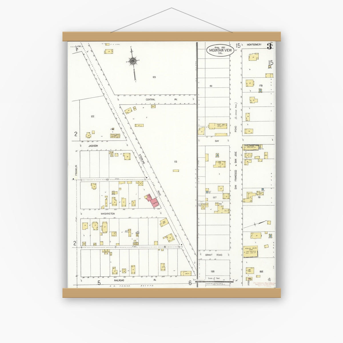 Old map wall art mockup — magnetic wood frame on white wall — Sanborn Fire Insurance Map from Mountain View, Santa Clara County, California (1921), Sheet #0003