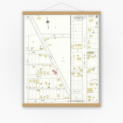 Old map wall art mockup — magnetic wood frame on white wall — Sanborn Fire Insurance Map from Mountain View, Santa Clara County, California (1921), Sheet #0003