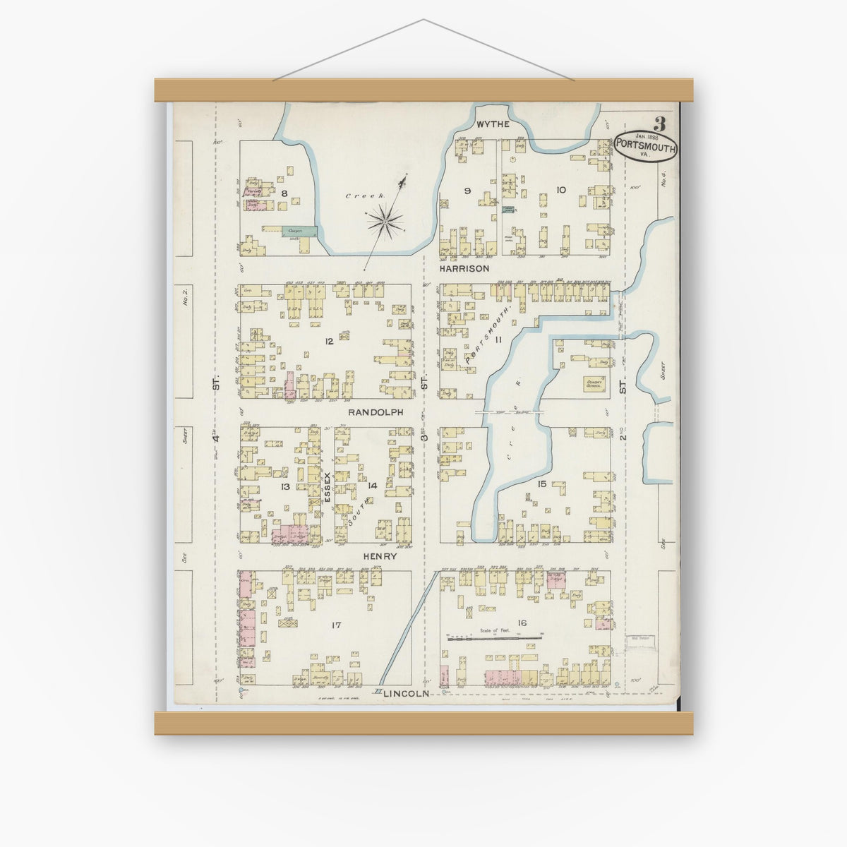 Old map wall art mockup — magnetic wood frame on white wall — Sanborn Fire Insurance Map from Portsmouth, Independent Cities, Virginia (1888), Sheet #0003