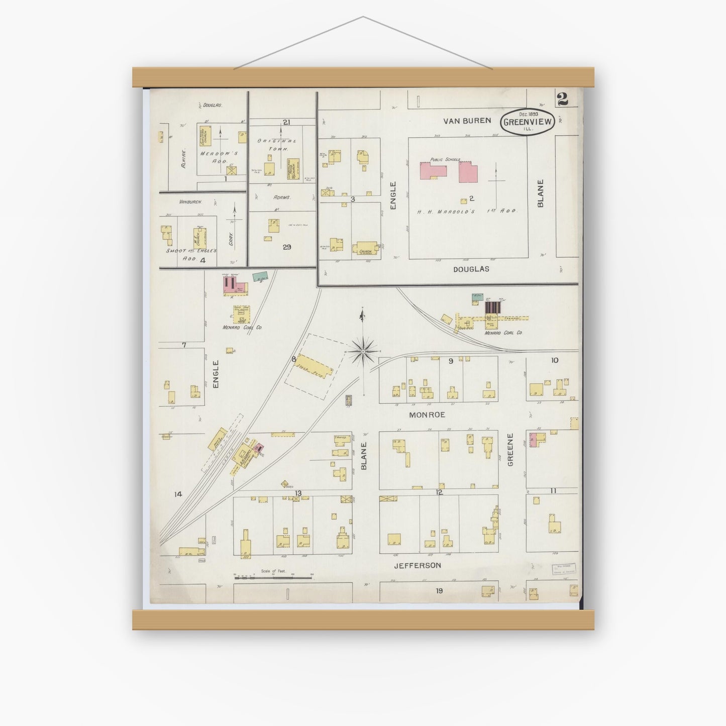 Old map wall art mockup — magnetic wood frame on white wall — Sanborn Fire Insurance Map from Greenview, Menard County, Illinois (1893), Sheet #0002