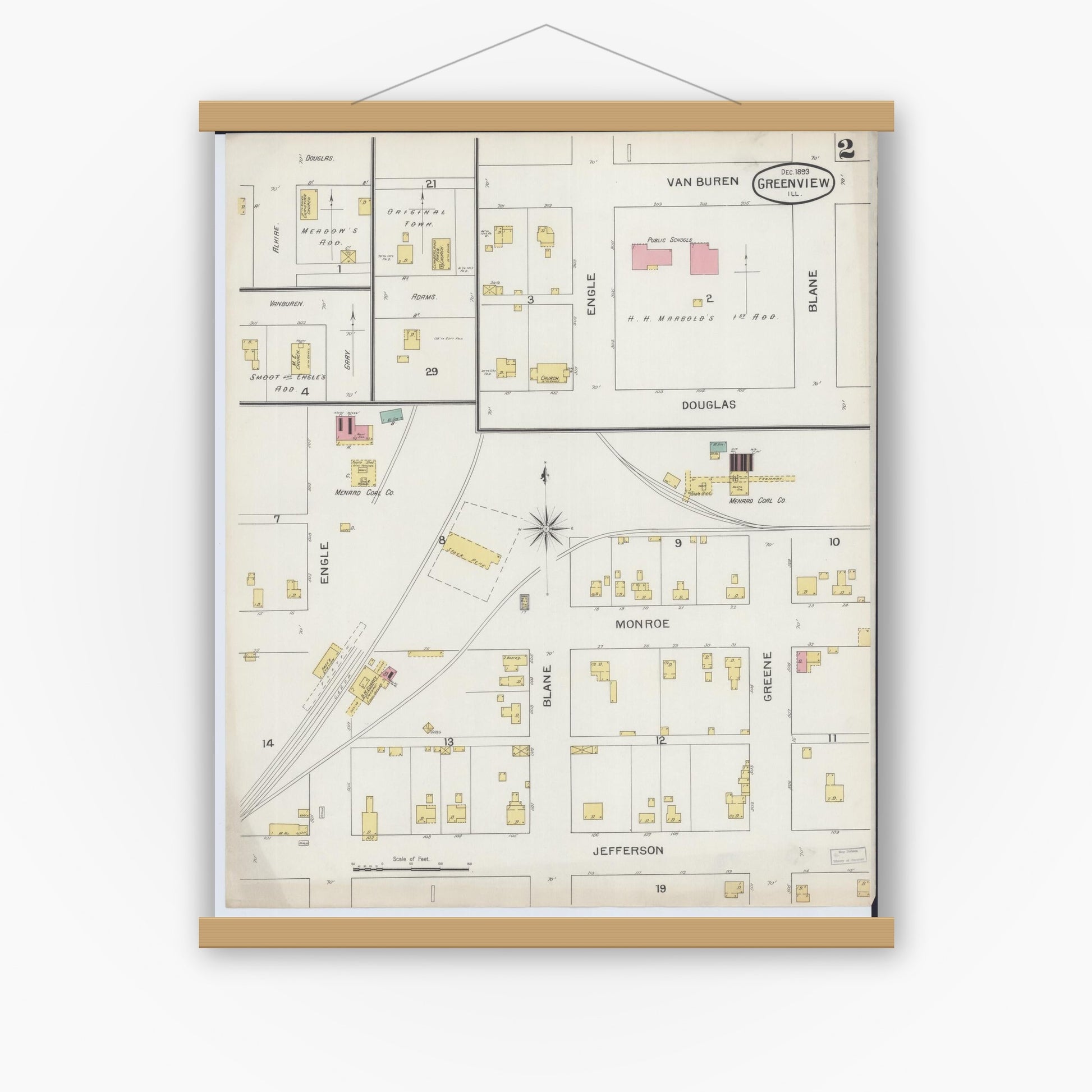 Old map wall art mockup — magnetic wood frame on white wall — Sanborn Fire Insurance Map from Greenview, Menard County, Illinois (1893), Sheet #0002