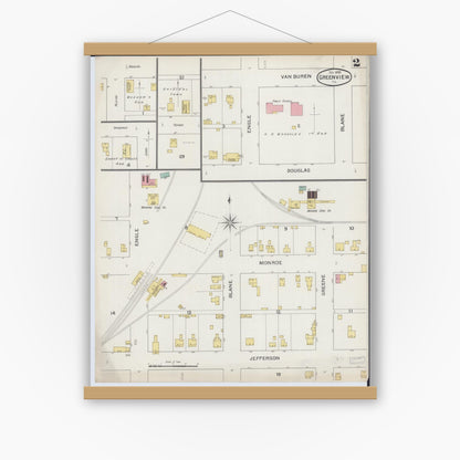 Old map wall art mockup — magnetic wood frame on white wall — Sanborn Fire Insurance Map from Greenview, Menard County, Illinois (1893), Sheet #0002