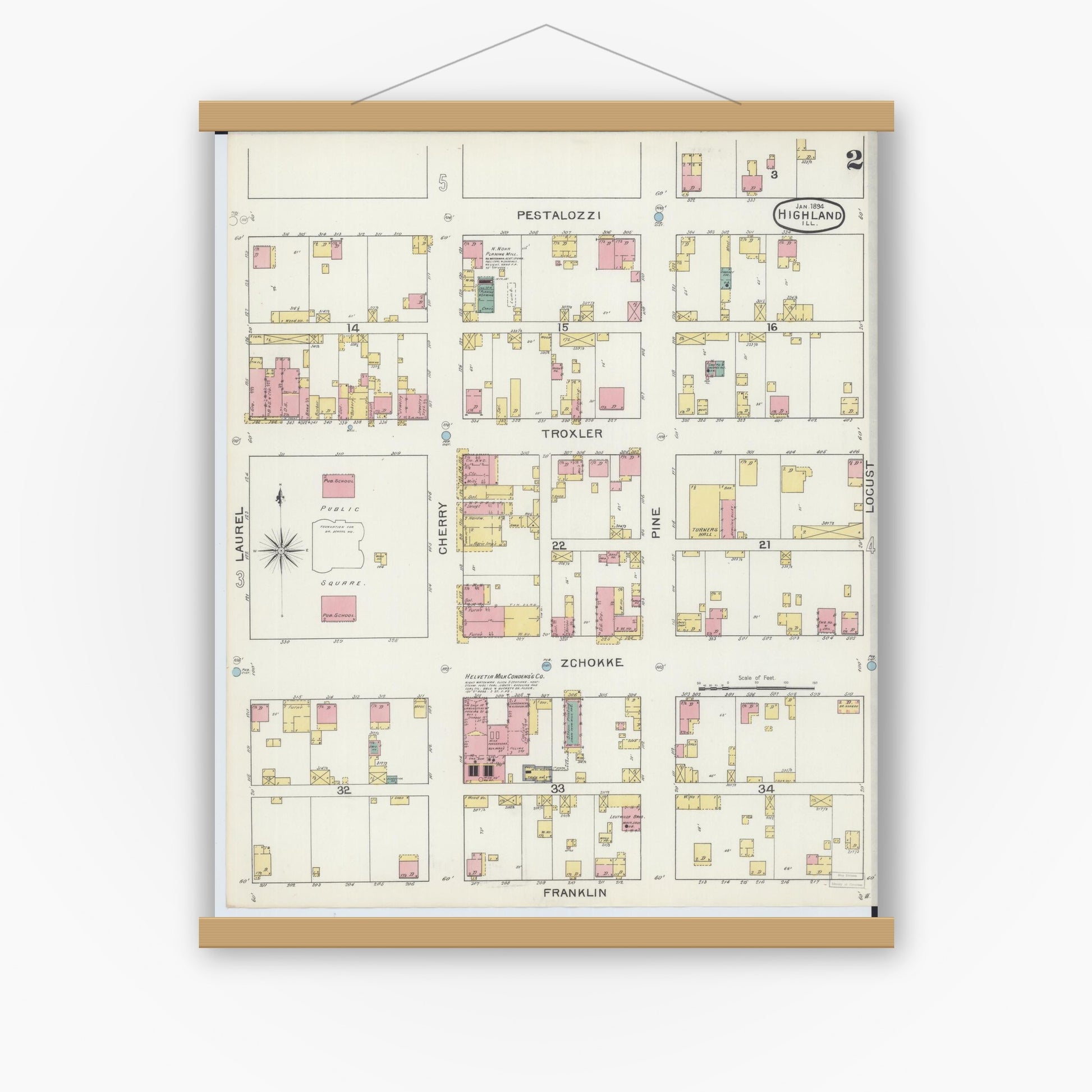 Old map wall art mockup — magnetic wood frame on white wall — Sanborn Fire Insurance Map from Highland, Madison County, Illinois (1894), Sheet #0002