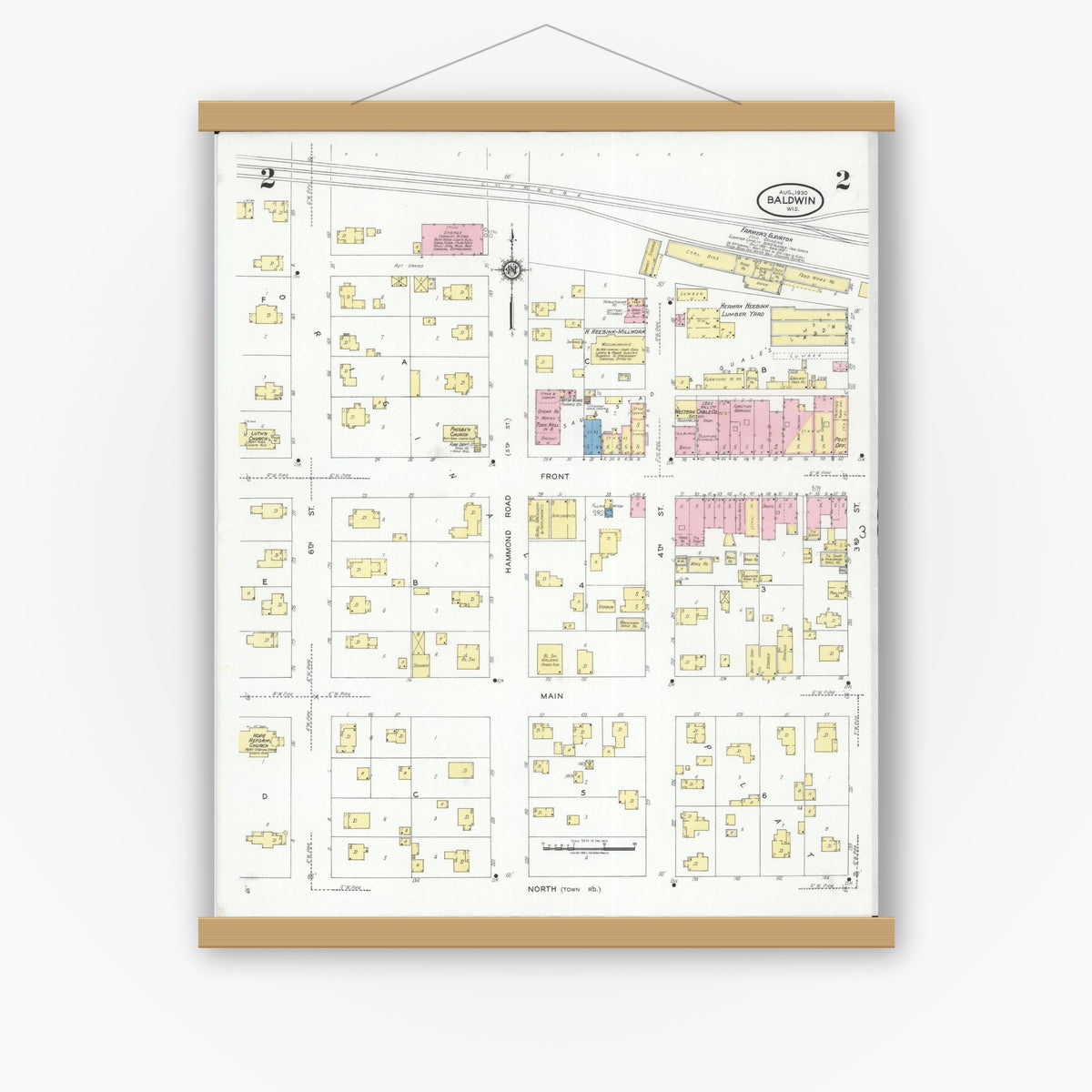 Old map wall art mockup — magnetic wood frame on white wall — Sanborn Fire Insurance Map from Baldwin, St. Croix County, Wisconsin (1930), Sheet #0002