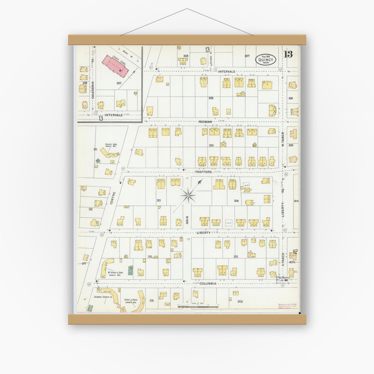 Old map wall art mockup — magnetic wood frame on white wall — Sanborn Fire Insurance Map from Quincy, Norfolk County, Massachusetts (1901), Sheet #0013