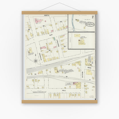 Old map wall art mockup — magnetic wood frame on white wall — Sanborn Fire Insurance Map from Union City, Randolph County, Indiana (1890), Sheet #0007
