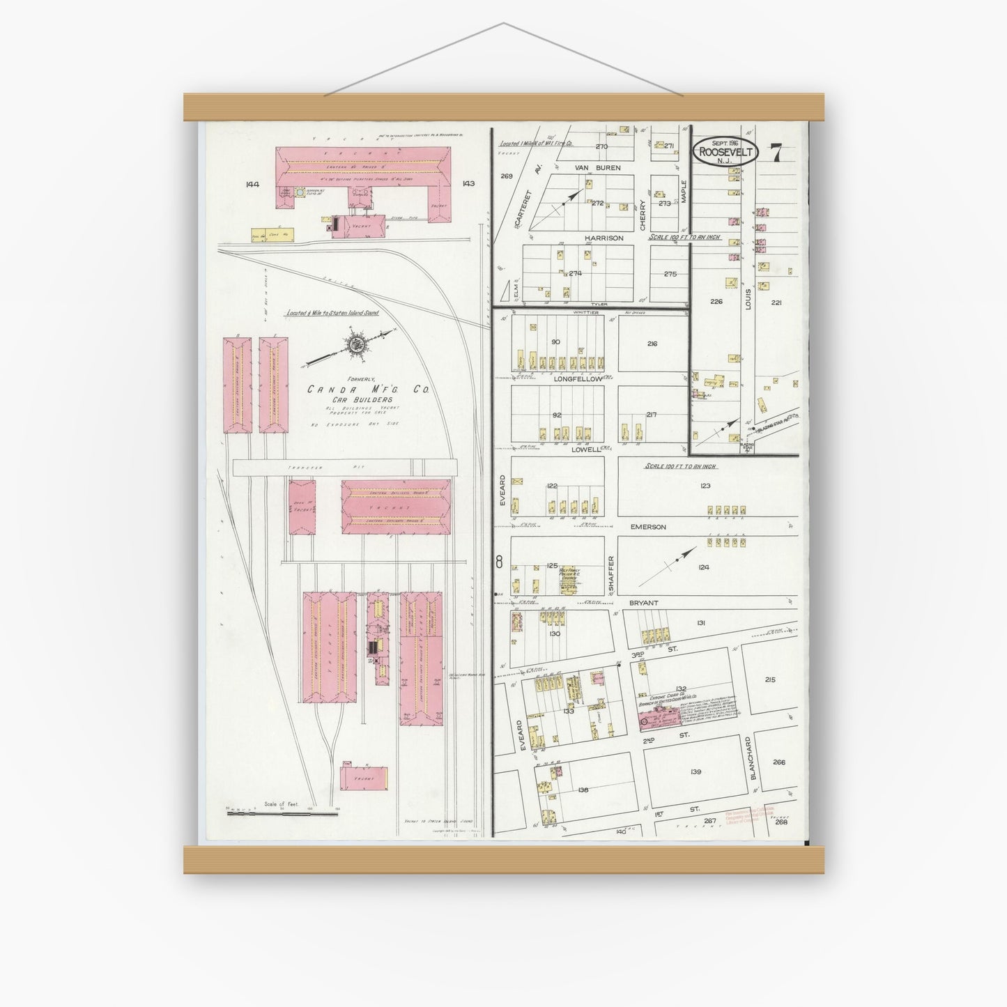 Old map wall art mockup — magnetic wood frame on white wall — Sanborn Fire Insurance Map from Roosevelt, Middlesex County, New Jersey (1916), Sheet #0007