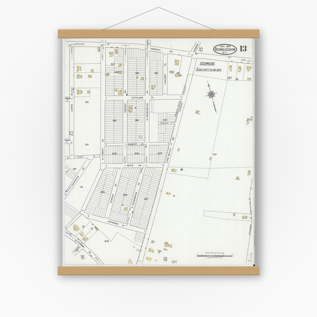 Old map wall art mockup — magnetic wood frame on white wall — Sanborn Fire Insurance Map from Rockville Centre, Nassau County, New York (1919), Sheet #0013