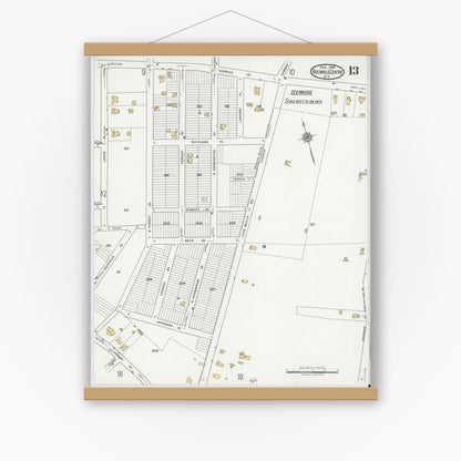 Old map wall art mockup — magnetic wood frame on white wall — Sanborn Fire Insurance Map from Rockville Centre, Nassau County, New York (1919), Sheet #0013