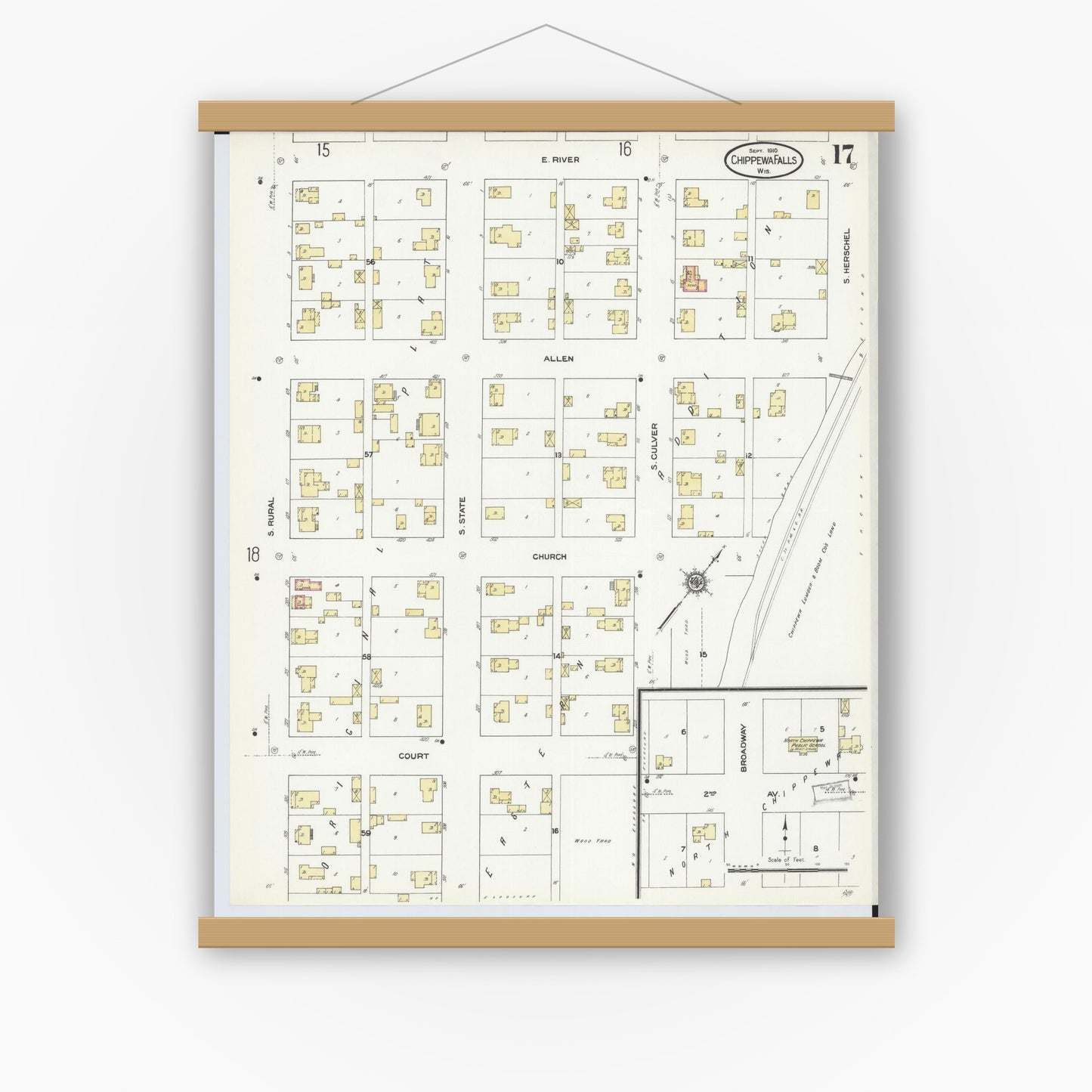 Old map wall art mockup — magnetic wood frame on white wall — Sanborn Fire Insurance Map from Chippewa Falls, Chippewa County, Wisconsin (1910), Sheet #0017