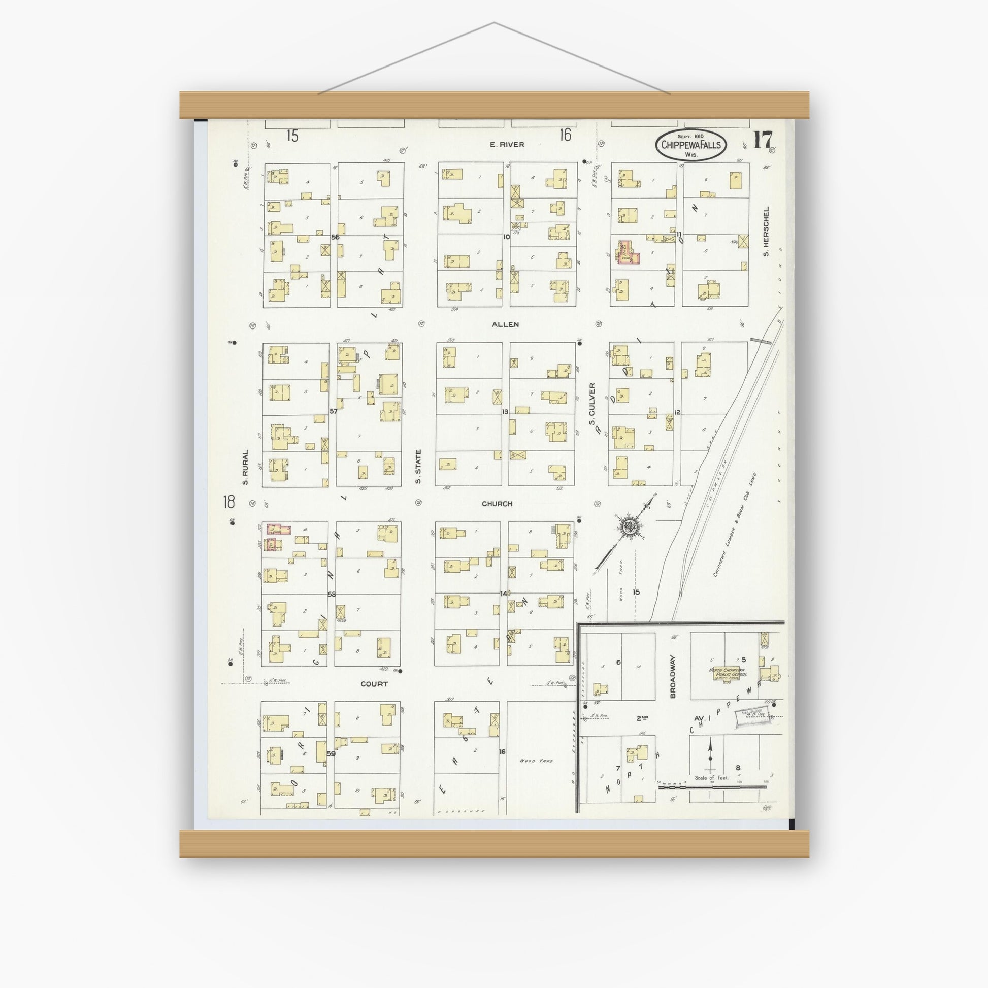 Old map wall art mockup — magnetic wood frame on white wall — Sanborn Fire Insurance Map from Chippewa Falls, Chippewa County, Wisconsin (1910), Sheet #0017