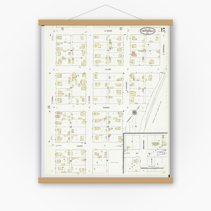 Old map wall art mockup — magnetic wood frame on white wall — Sanborn Fire Insurance Map from Chippewa Falls, Chippewa County, Wisconsin (1910), Sheet #0017