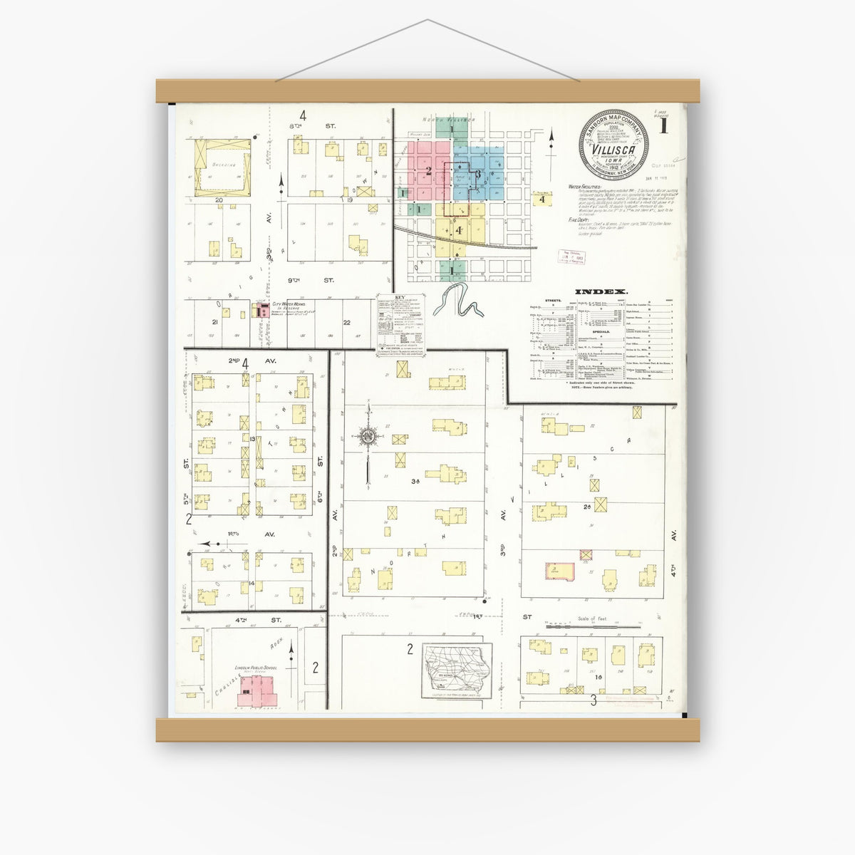 Old map wall art mockup — magnetic wood frame on white wall — Sanborn Fire Insurance Map from Villisca, Montgomery County, Iowa (1912) â€” Complete Set