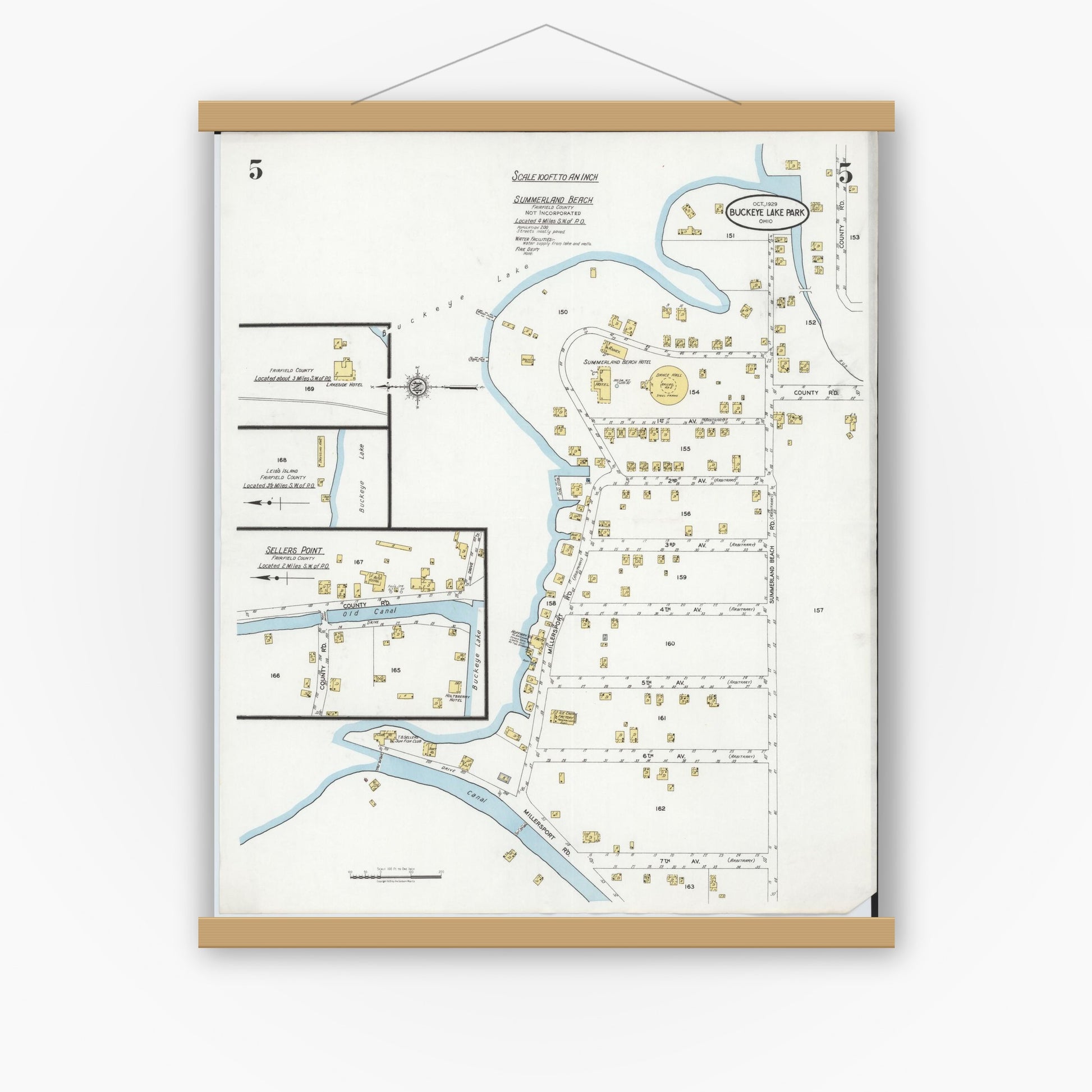 Old map wall art mockup — magnetic wood frame on white wall — Sanborn Fire Insurance Map from Buckeye Lake, Licking County, Ohio (1929), Sheet #0005