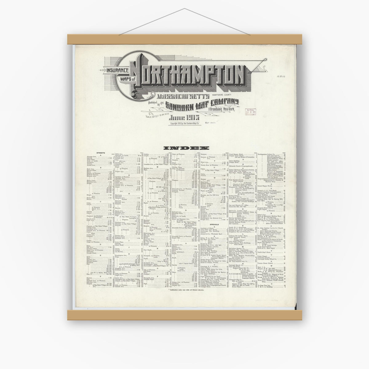 Old map wall art mockup — magnetic wood frame on white wall — Sanborn Fire Insurance Map from Northampton, Hampshire County, Massachusetts (1915), Sheet #0001