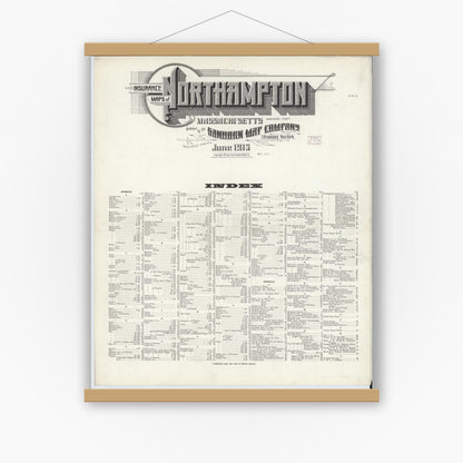 Old map wall art mockup — magnetic wood frame on white wall — Sanborn Fire Insurance Map from Northampton, Hampshire County, Massachusetts (1915), Sheet #0001