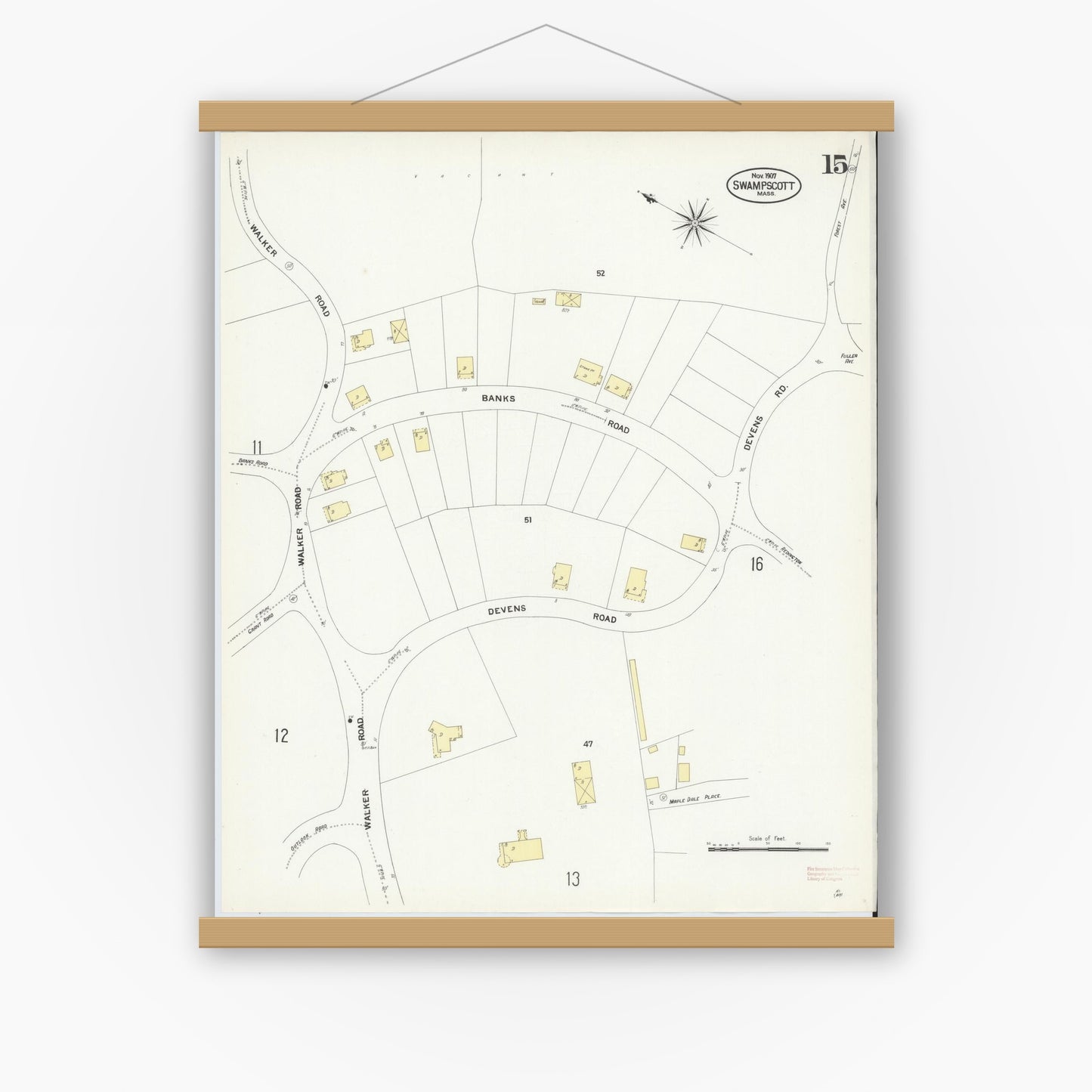 Old map wall art mockup — magnetic wood frame on white wall — Sanborn Fire Insurance Map from Swampscott, Essex County, Massachusetts (1907), Sheet #0015