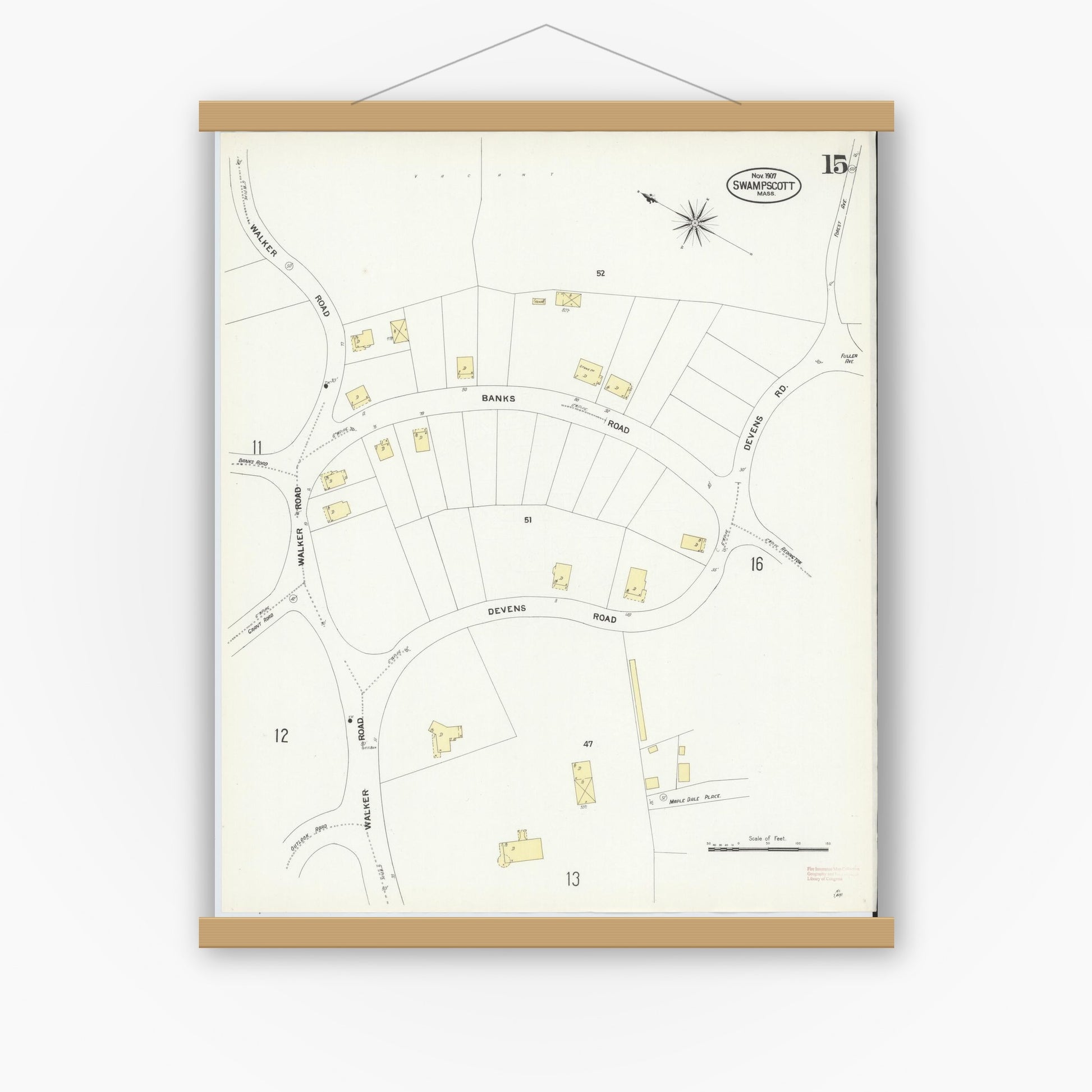 Old map wall art mockup — magnetic wood frame on white wall — Sanborn Fire Insurance Map from Swampscott, Essex County, Massachusetts (1907), Sheet #0015