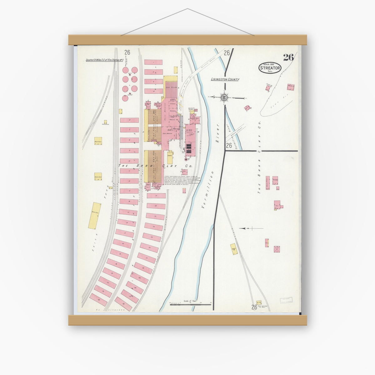 Old map wall art mockup — magnetic wood frame on white wall — Sanborn Fire Insurance Map from Streator, La Salle County, Illinois (1916), Sheet #0026