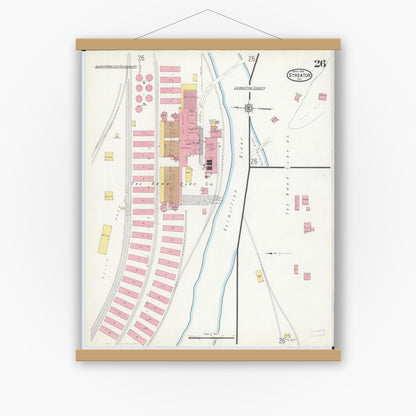 Old map wall art mockup — magnetic wood frame on white wall — Sanborn Fire Insurance Map from Streator, La Salle County, Illinois (1916), Sheet #0026