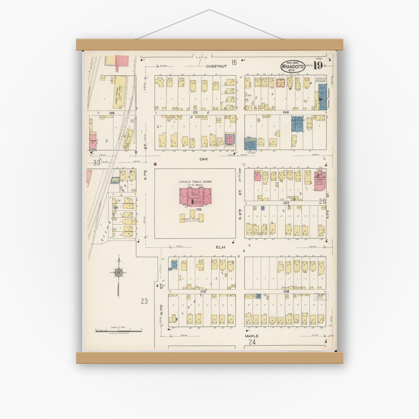 Old map wall art mockup — magnetic wood frame on white wall — Sanborn Fire Insurance Map from Wyandotte, Wayne County, Michigan (1922), Sheet #0019