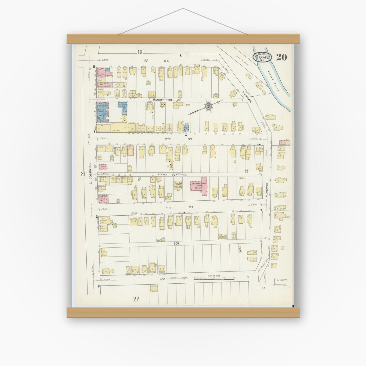 Old map wall art mockup — magnetic wood frame on white wall — Sanborn Fire Insurance Map from Rome, Oneida County, New York (1914), Sheet #0020