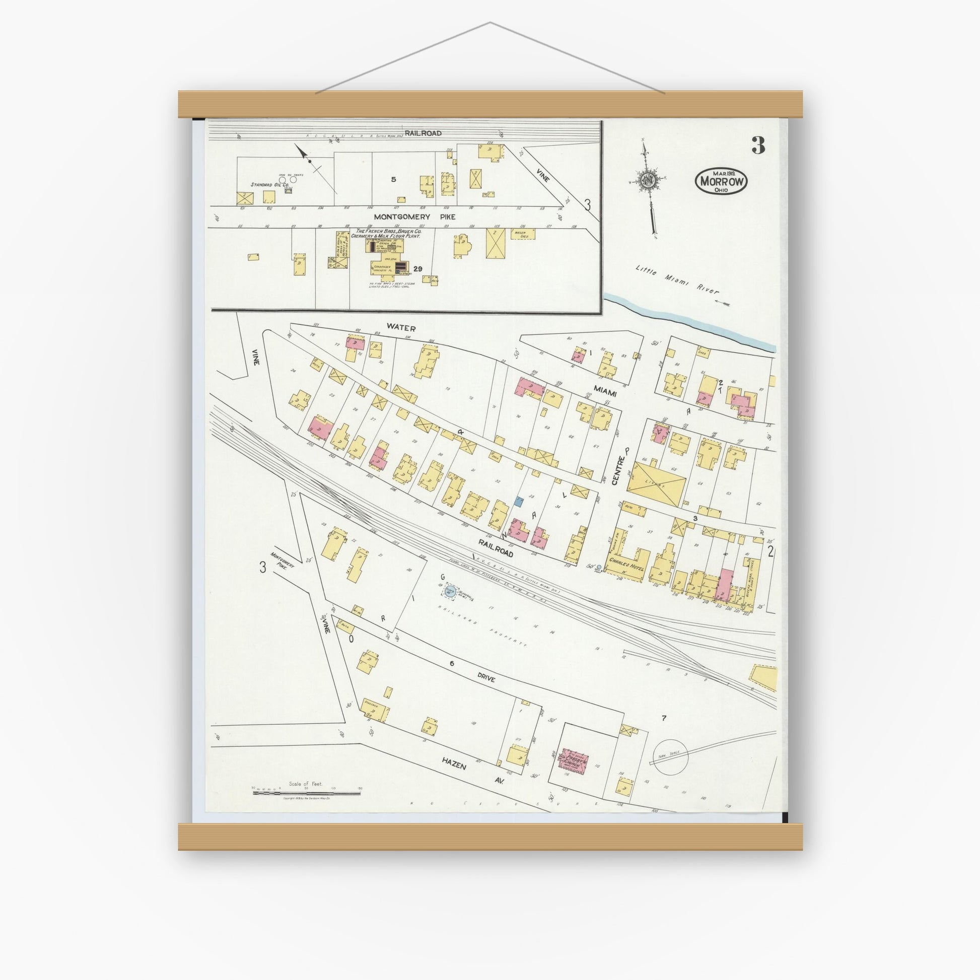 Old map wall art mockup — magnetic wood frame on white wall — Sanborn Fire Insurance Map from Morrow, Warren County, Ohio (1919), Sheet #0003