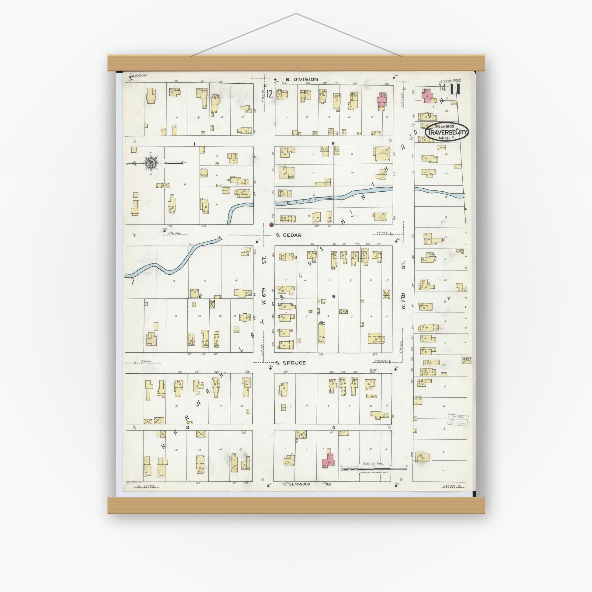 Old map wall art mockup — magnetic wood frame on white wall — Sanborn Fire Insurance Map from Traverse City, Grand Traverse County, Michigan (1920), Sheet #0011