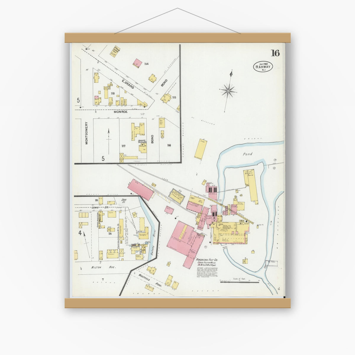Old map wall art mockup — magnetic wood frame on white wall — Sanborn Fire Insurance Map from Rahway, Union County, New Jersey (1901), Sheet #0016