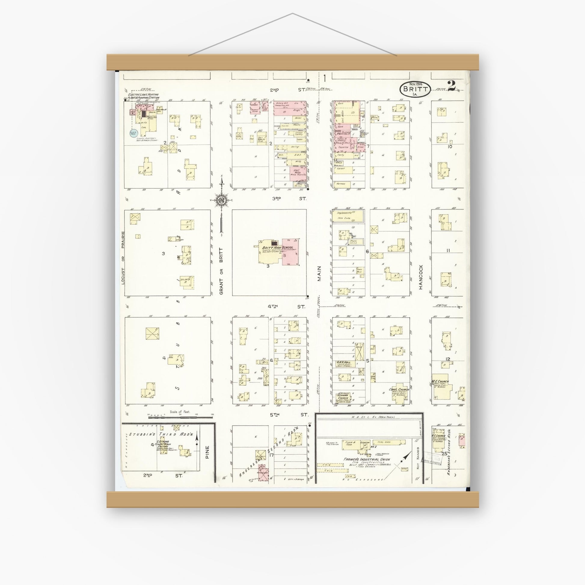 Old map wall art mockup — magnetic wood frame on white wall — Sanborn Fire Insurance Map from Britt, Hancock County, Iowa (1914), Sheet #0002